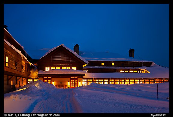 Old Faithful Snow Lodge at dusk, winter. Yellowstone National Park, Wyoming, USA.