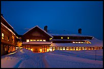 Old Faithful Snow Lodge at dusk, winter. Yellowstone National Park, Wyoming, USA.