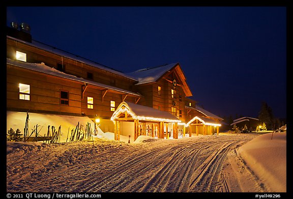 Old Faithful Snow Lodge at night, winter. Yellowstone National Park, Wyoming, USA.