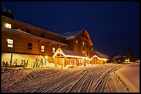 Old Faithful Snow Lodge at night, winter. Yellowstone National Park, Wyoming, USA.