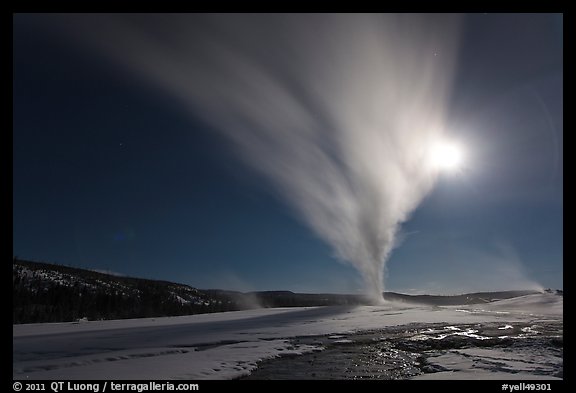 Old Faithful Geyser erupts at night. Yellowstone National Park, Wyoming, USA.