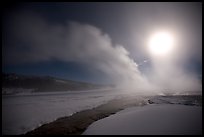 Run-off and geyser, steam obscuring moon, Old Faithful. Yellowstone National Park, Wyoming, USA. (color)