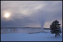 Old Faithful geyser, moon and clouds. Yellowstone National Park, Wyoming, USA.