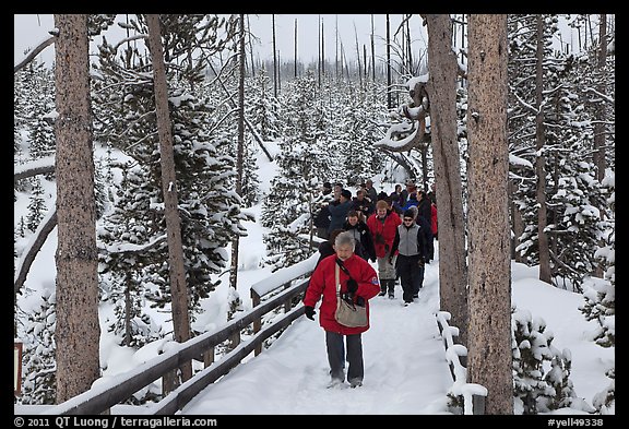 Tourists on boardwalk in winter. Yellowstone National Park (color)