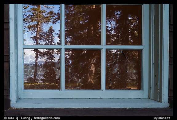 Yellowstone Lake, Fishing Bridge Visitor Center window reflexion. Yellowstone National Park (color)