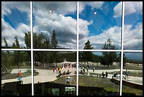 Old Faithful Geyser, Old Faithful visitor education center window reflexion. Yellowstone National Park ( color)