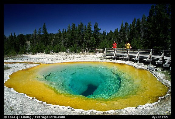 Morning Glory Pool with hikers. Yellowstone National Park, Wyoming, USA.