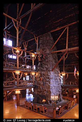 Chimney in main hall of Old Faithful Inn. Yellowstone National Park (color)