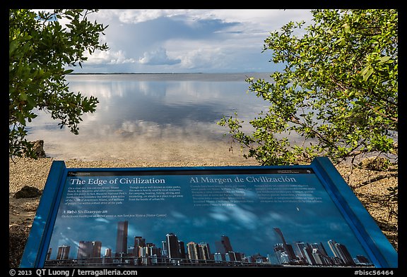 Miami in the distance and interpretive sign. Biscayne National Park, Florida, USA.