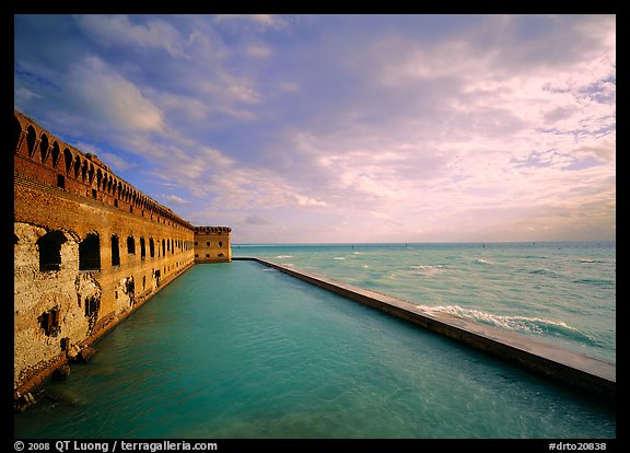Fort Jefferson wall, moat and seawall, brighter late afternoon light. Dry Tortugas National Park (color)