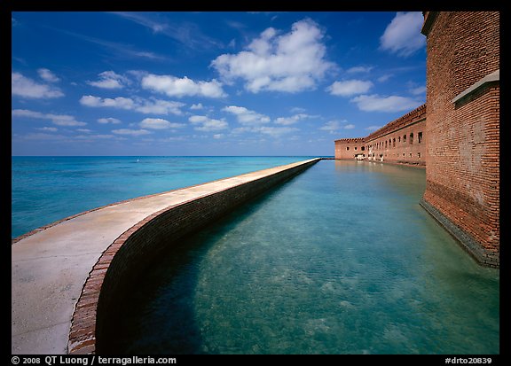 Seawall, moat, and rampart on a calm sunny day, Fort Jefferson. Dry Tortugas National Park, Florida, USA.