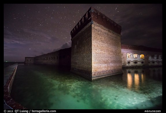 Fort Jefferson corner turret and moat at night. Dry Tortugas National Park, Florida, USA.