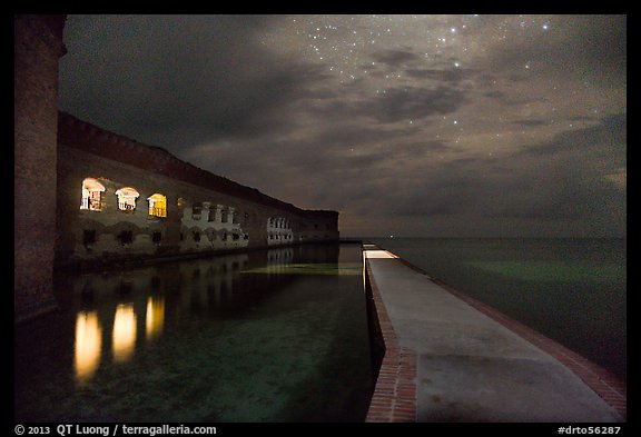 Fort Jefferson, moat, and ocean at night. Dry Tortugas National Park, Florida, USA.