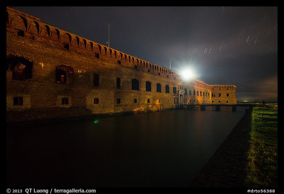 Fort Jefferson at night with Harbor Light. Dry Tortugas National Park, Florida, USA.