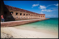 Park visitor looking, North Beach and Fort Jefferson. Dry Tortugas National Park, Florida, USA. (color)