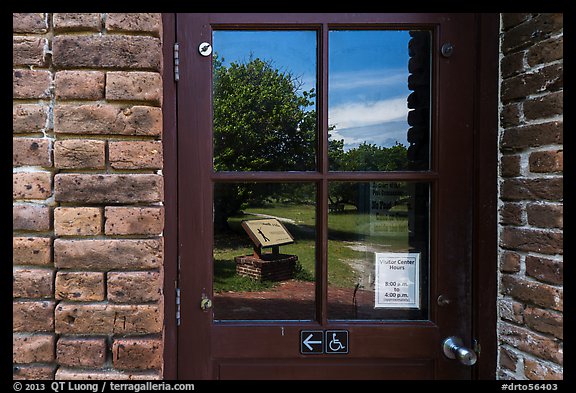 Fort Jefferson courtyard, visitor center window reflexion. Dry Tortugas National Park, Florida, USA.