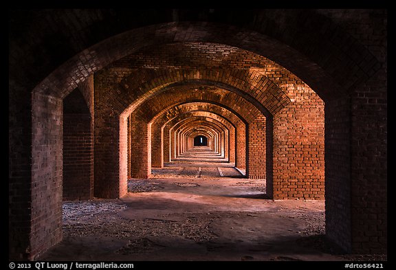 Gallery illuminated by last light inside Fort Jefferson. Dry Tortugas National Park, Florida, USA.