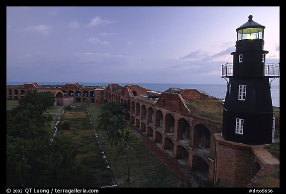 Fort Jefferson lighthouse and inner courtyard, dawn. Dry Tortugas National Park, Florida, USA.