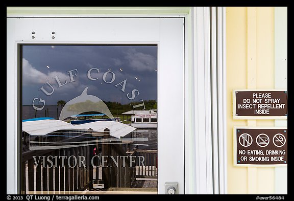 Marina and Gulf, Gulf Coast Visitor Center window reflexion. Everglades National Park (color)