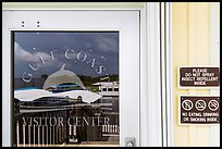 Marina and Gulf, Gulf Coast Visitor Center window reflexion. Everglades National Park, Florida, USA. (color)