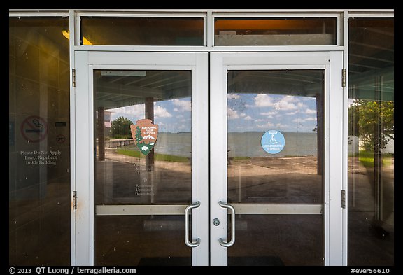 Florida Bay, Flamingo visitor center window reflexion. Everglades National Park, Florida, USA.