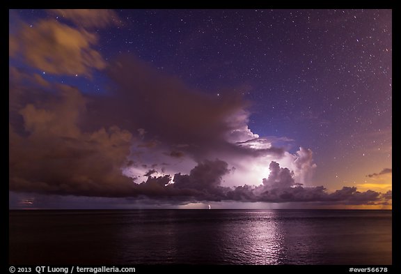 Lightening over Florida Bay seen from the Keys at night. Everglades National Park (color)