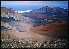 View of Haleakala crater from White Hill with multi-colored cinder. Haleakala National Park, Hawaii, USA.