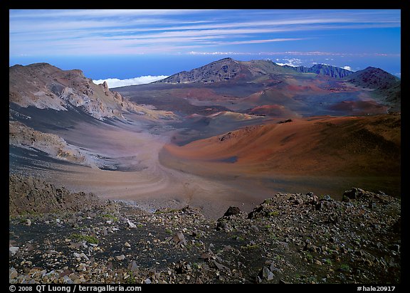 Colorful cinder in Haleakala crater seen from White Hill. Haleakala National Park, Hawaii, USA.