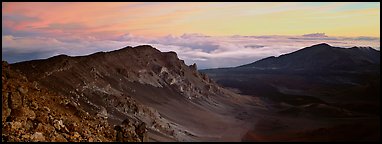 Crater and sea of clouds at sunrise. Haleakala National Park (Panoramic color)