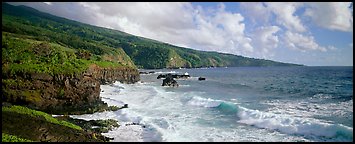 Coastline with volcanic cliffs and strong surf. Haleakala National Park (Panoramic color)