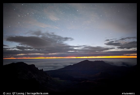 Haleakala crater and stars at night. Haleakala National Park, Hawaii, USA.