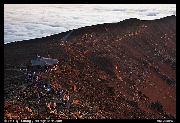 First light hits visitor center on Halekala summit. Haleakala National Park, Hawaii, USA.
