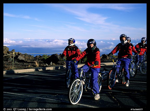 Getting ready to ride bicycles down from the top of the Crater to sea level. Haleakala National Park (color)