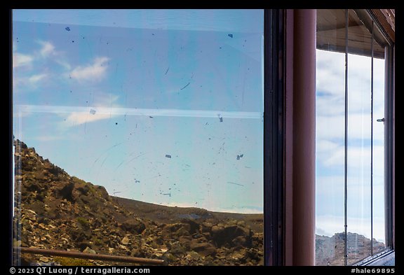 Haleakala Crater, Haleakala Visitor Center, window reflexion. Haleakala National Park (color)