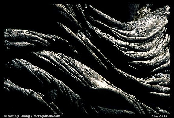Close-up view of ripples of hardened pahoehoe lava. Hawaii Volcanoes National Park, Hawaii, USA.