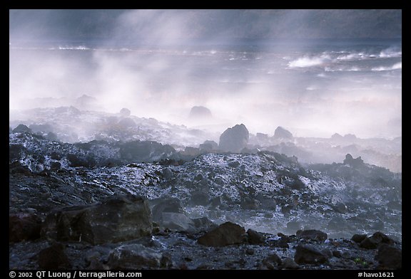 Fumeroles and hardened lava, early morning. Hawaii Volcanoes National Park, Hawaii, USA.