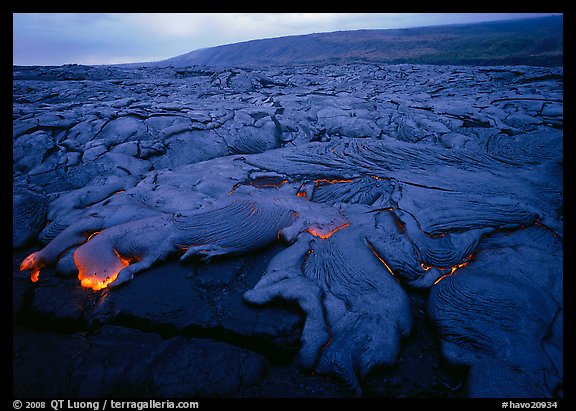 Field of lava flowing at dusk near end of Chain of Craters road. Hawaii Volcanoes National Park, Hawaii, USA.