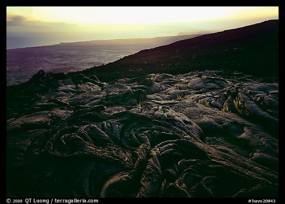 Hardened lava flow, coast in the distance. Hawaii Volcanoes National Park, Hawaii, USA.