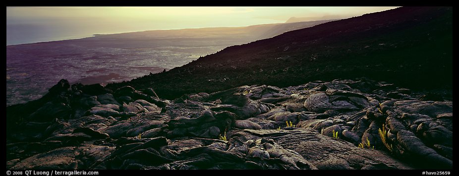 Hardened lava flow overlooking coastal plain, late afternoon. Hawaii Volcanoes National Park (color)