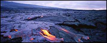 Volcanic landscape with molten lava low. Hawaii Volcanoes National Park (Panoramic color)