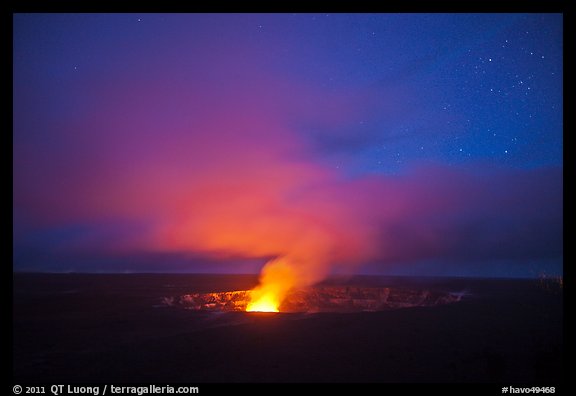 Vog plume and stars at dusk, Kilauea summit. Hawaii Volcanoes National Park, Hawaii, USA.