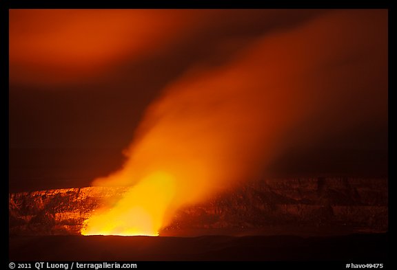 Incandescent glow illuminates venting gas plume by night, Kilauea summit. Hawaii Volcanoes National Park, Hawaii, USA.