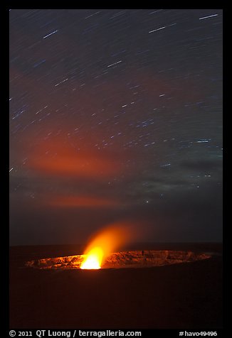 Glowing vent and star trails, Halemaumau crater. Hawaii Volcanoes National Park, Hawaii, USA.