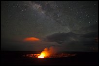 Glowing crater, plume, and Milky Way, Kilauea summit. Hawaii Volcanoes National Park, Hawaii, USA. (color)