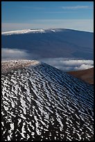 Snowy cinder cone and Mauna Loa summit. Hawaii Volcanoes National Park, Hawaii, USA.