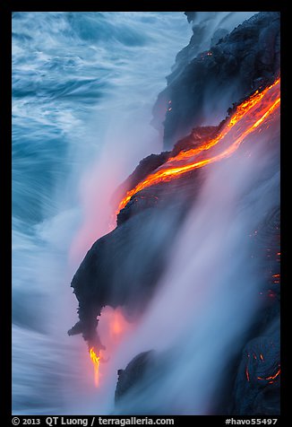 Glowing lava flow reaching the sea. Hawaii Volcanoes National Park (color)