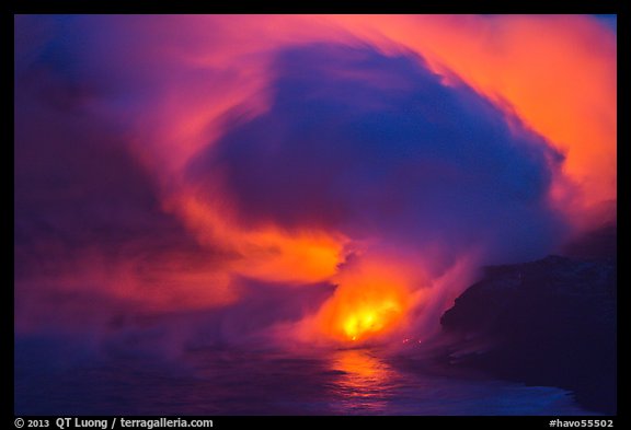 Lava steam swirls above ocean at dusk. Hawaii Volcanoes National Park (color)