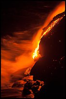 Lava flow entering Pacific Ocean at night. Hawaii Volcanoes National Park, Hawaii, USA.