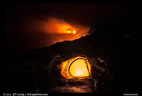 Tent and lava ocean entry. Hawaii Volcanoes National Park, Hawaii, USA.