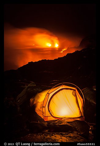 Camping by lava flow next to ocean. Hawaii Volcanoes National Park, Hawaii, USA.